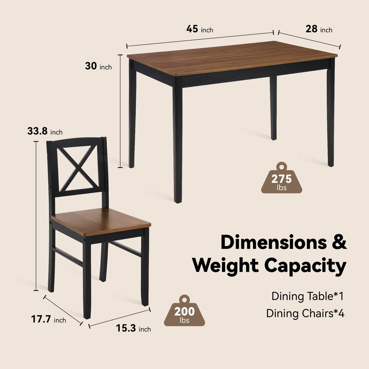 MAYEERTY Eco-Friendly Solid Wood Dining Set �?Sustainable Dining Table with Black Metal Accents for Home & Restaurant,Light Brown