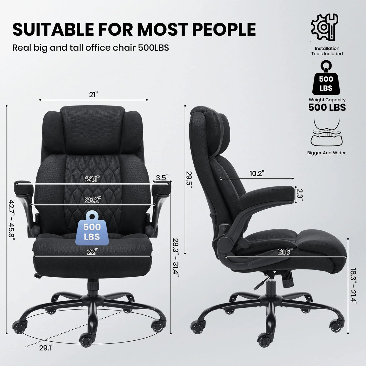 HomeZeer Executive Office Chair, Big and Tall Home Office Chairs 400lbs, High Back Executive Office Chair with Adjustable Flip up Arm, Wide Seat Leather Desk Computer Chairs, Black