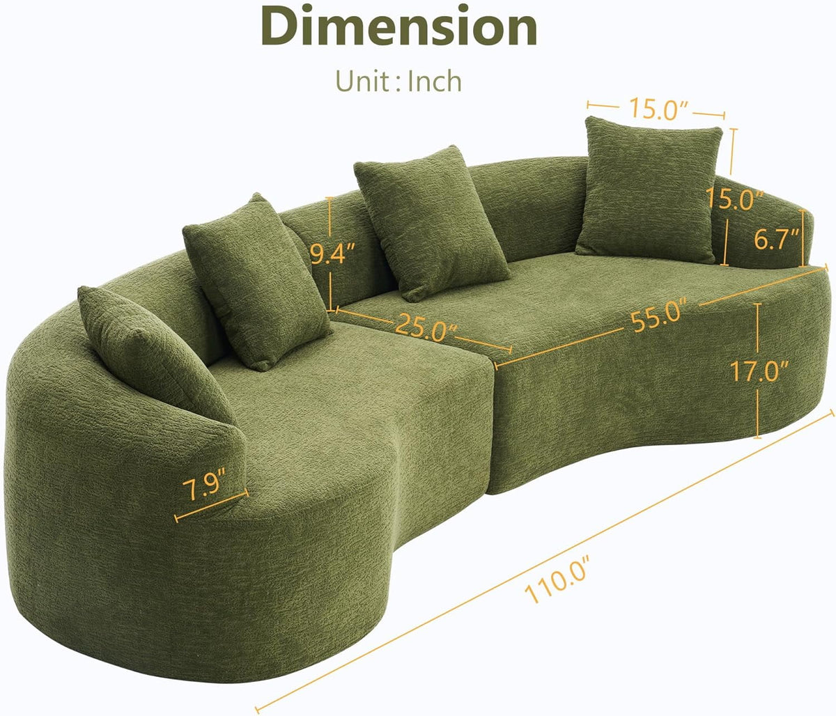 Loveseat Sectional Sofa for Living Room, 65’�?Modern Luxury Plush Chenille Extra Deep Seat Curved Cloud Floor Couch with 3 Throw Pillows for Small Spaces, No Assembly Needed, Sapphire Blue