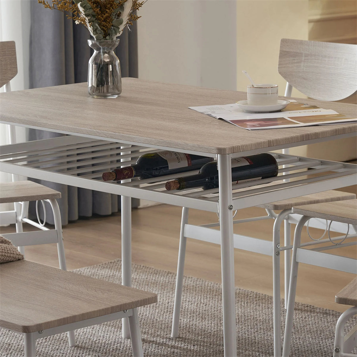 6-Piece Dining Table and Chair Set, Includes 1 Table, 1 Bench and 4 Chairs, Rectangular Kitchen Table and Armless Chairs, Compact Chairs with Curved Backrest for Dining Room