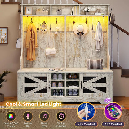 Hall Tree with Coat Rack and 16 Shoe Cubbies, 5-in-1 Entryway Bench with Bench and Shoe Storage, Barn Door & Adjustable Shelf, Embossed White