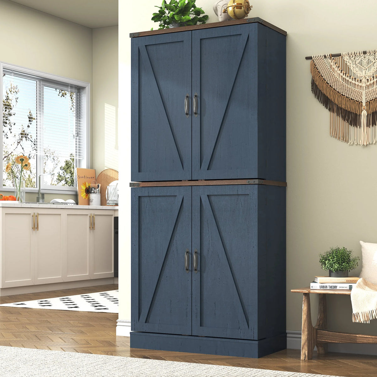 71" Tall Farmhouse Kitchen Pantry with 12 Side Shelves & Adjustable Shelves, 5 Layers Pantry Storage Cabinet w/Load-Bearing Steel Pipe & 4 Barn Doors for Kitchen, Dining Room, Living Room, Brown