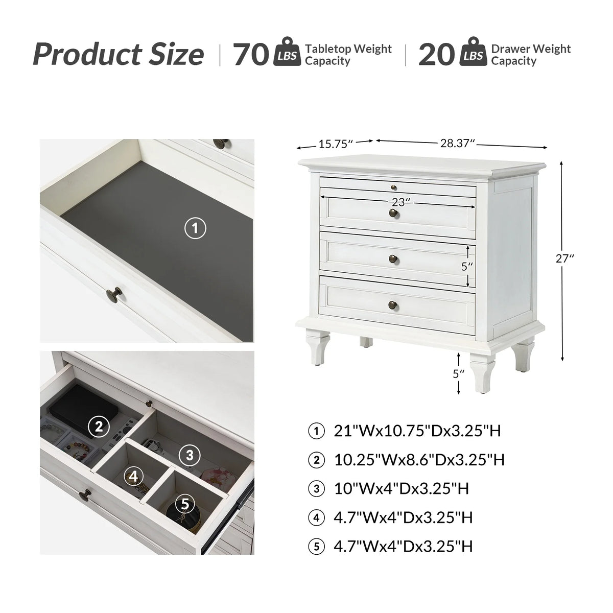Farmhouse 3 Drawers Nightstand with Tray Bedside Table with Charging Station Acorn
