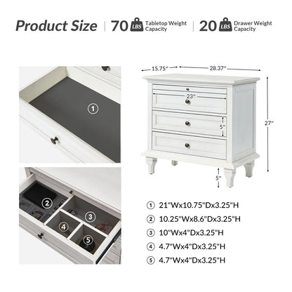 Farmhouse 3 Drawers Nightstand with Tray Bedside Table with Charging Station Acorn