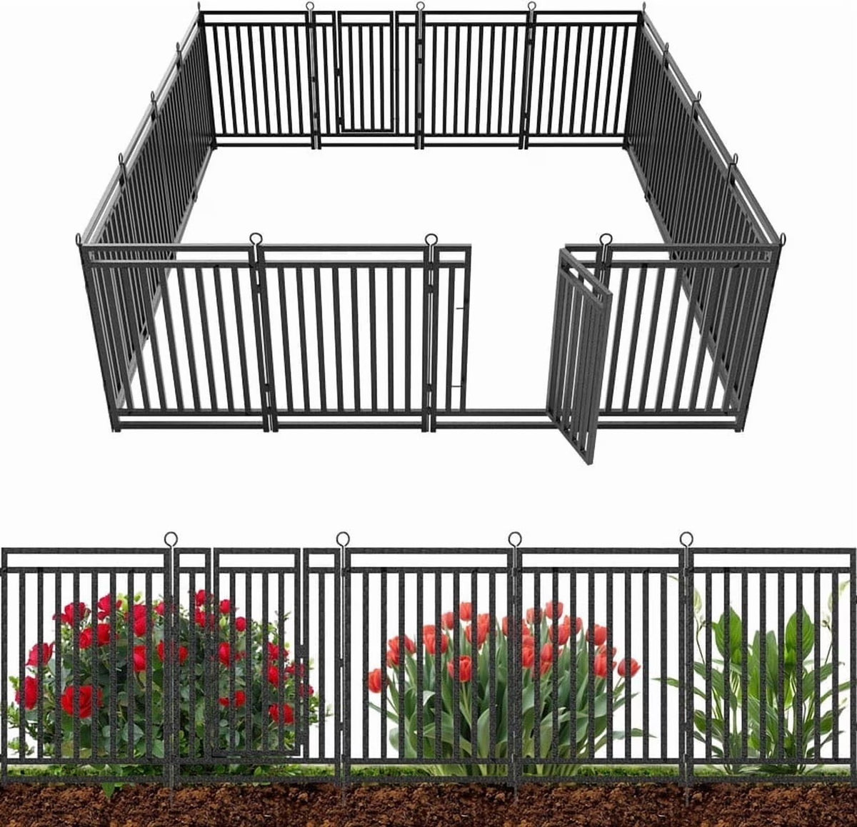 Petorldog Decorative Garden Fence Metal Dog Fence Outdoor for Yard, 36ft (L) x 40in (H), 14 Panels + 2 Gates, No Dig Fence for Patio | Black-Silver