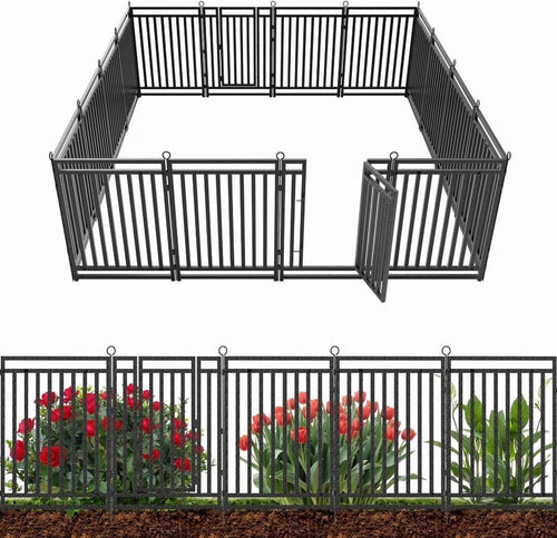 Petorldog Decorative Garden Fence Metal Dog Fence Outdoor for Yard, 36ft (L) x 40in (H), 14 Panels + 2 Gates, No Dig Fence for Patio | Black-Silver