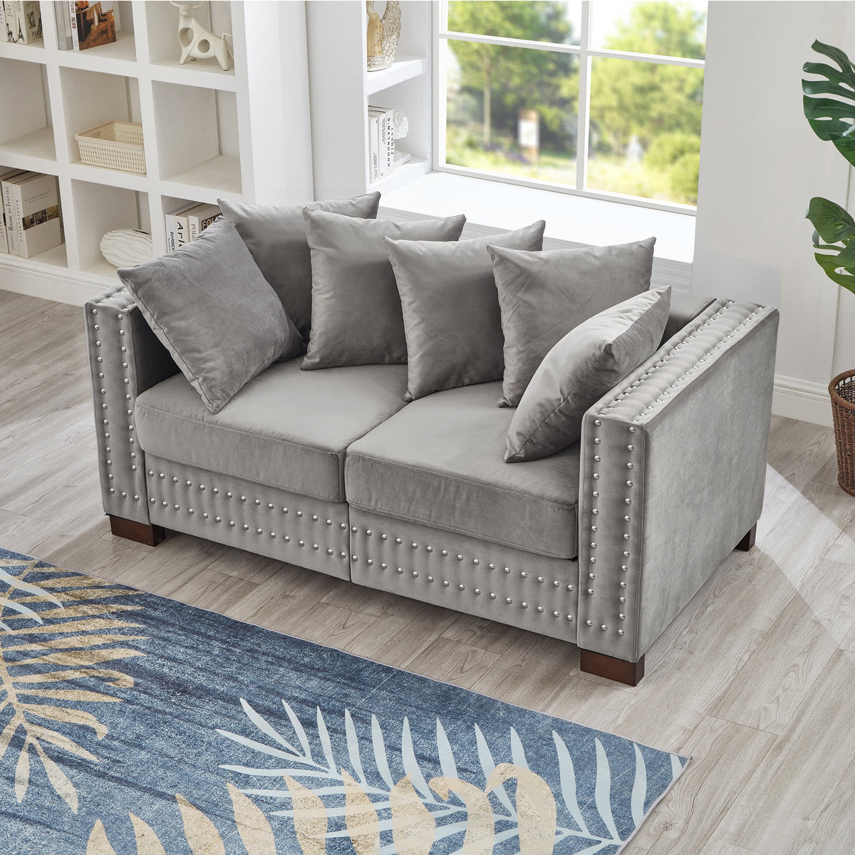 Modern Velvet Sofa Set 2+3 Seater Sofa Loveseat Couch with Silver Nail Trim, Square Armrests and Hidden Storage, Luxury Living Room Couch with Pocket Spring Cushions