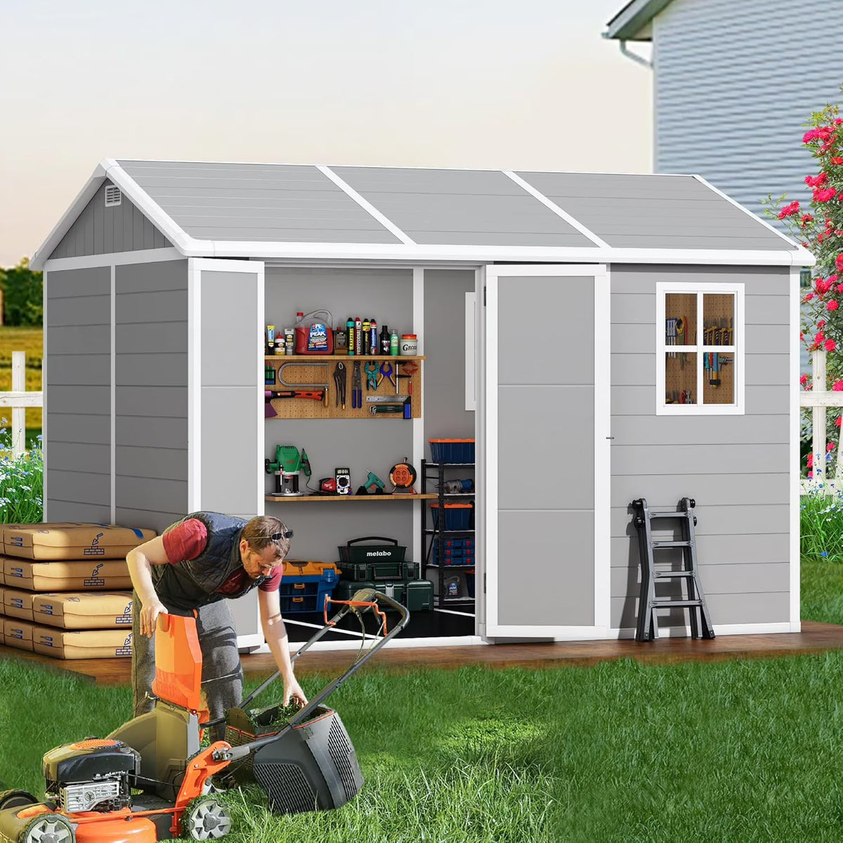 9 x 5.8 FT Outdoor Storage Shed, Linor Resin Shed with Floor, Window, and Vents, Weather-Resistant Garden Shed for Garden Tool Outside Sheds, Bike Shed, Backyard Shed