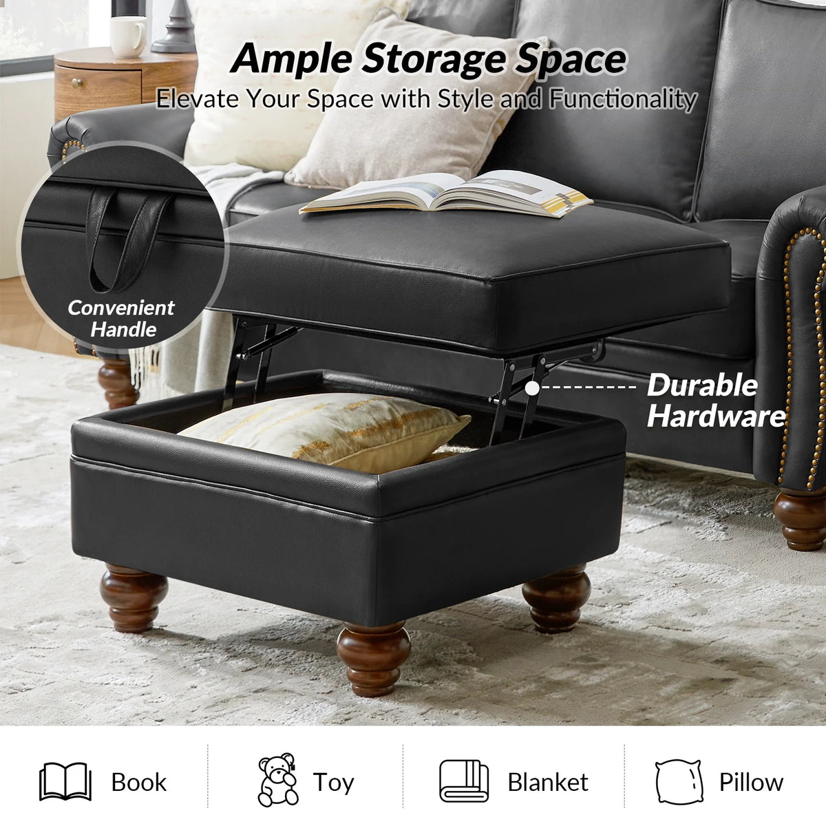 36'' Wide Blue Round Large Ottoman Tufted Coffee Table with Storage Wood Legs Home Living Room