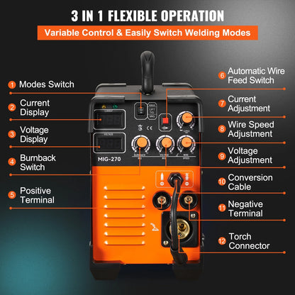 KFFKFF MIG Welder, Tri-functional Welding Equipment, 270 Amp MIG Lift TIG Arc Welding Mechanism 110V 220V TIG Welding Unit Lift ARC Welding Apparatus Digital Indicator