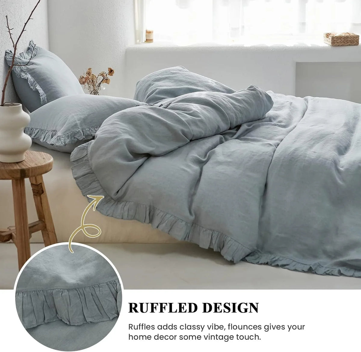 Simple&Opulence 100% Washed Linen Duvet Cover Set-3 Pieces Shabby Chic Premium Ruffled Bedding with 1 Comforter Cover and 2 Pillowshams France Flax High End Frill Sets Vintage Style(King, White)