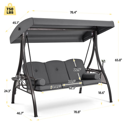 Homrest 3 Person Patio Outdoor Porch Swing with Adjustable Canopy, Backrest, Swing Bed with Stand for Garden,Deck