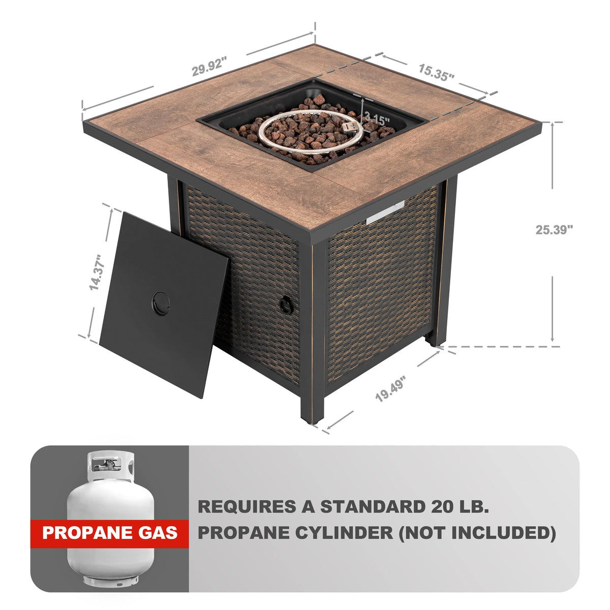 Nuu Garden Square 30" Outdoor Propane Fire Pit Table, 50,000 BTU Gas Fire Pit with Lid, Hand-Woven Wicker, with Glass Beads and CSA Certification