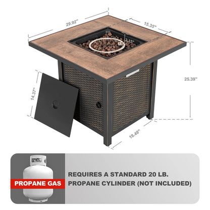 Nuu Garden Square 30" Outdoor Propane Fire Pit Table, 50,000 BTU Gas Fire Pit with Lid, Hand-Woven Wicker, with Glass Beads and CSA Certification