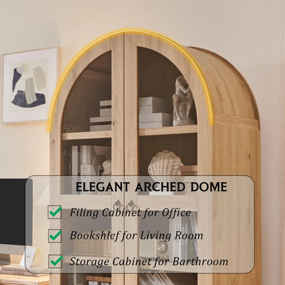 IFGET 71-Inch Arched 4-Tier Bookcase with Glass Doors and Drawers