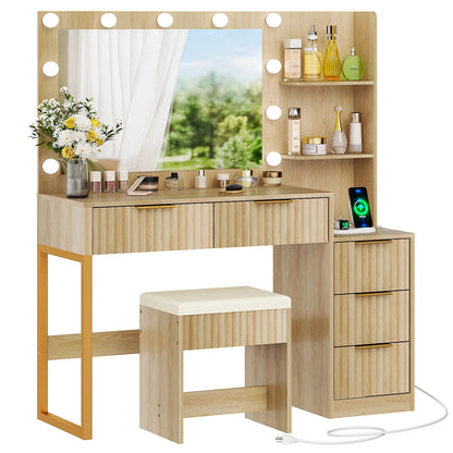 Ktaxon Flutted Makeup Vanity Table Set with 5 Drawer, Dressing Table w/Charging Station, Vanity Desk for Femal Gift, White