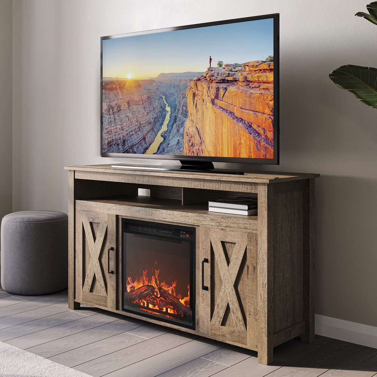 BELLEZE 58 Inch TV Stand, Contemporary Entertainment Center for TVs up to 65", Wood Media Console Table with Two Open Shelves and Barn Door Cabinets - Corin (White)