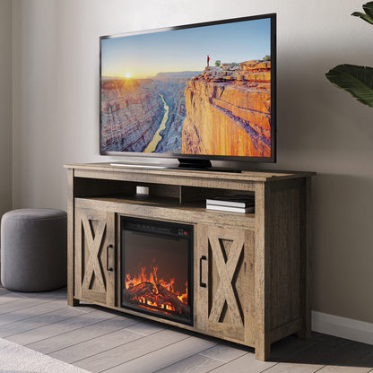 BELLEZE 58 Inch TV Stand, Contemporary Entertainment Center for TVs up to 65", Wood Media Console Table with Two Open Shelves and Barn Door Cabinets - Corin (White)