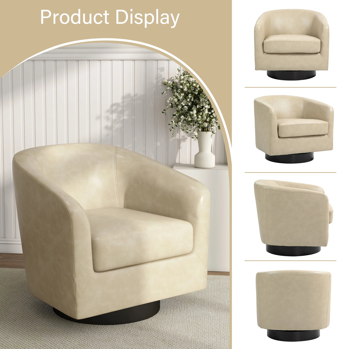 DREAMSIDEA Swivel Barrel Accent Chair for Living Room, Modern Upholstered Round Club Armchair-Cream