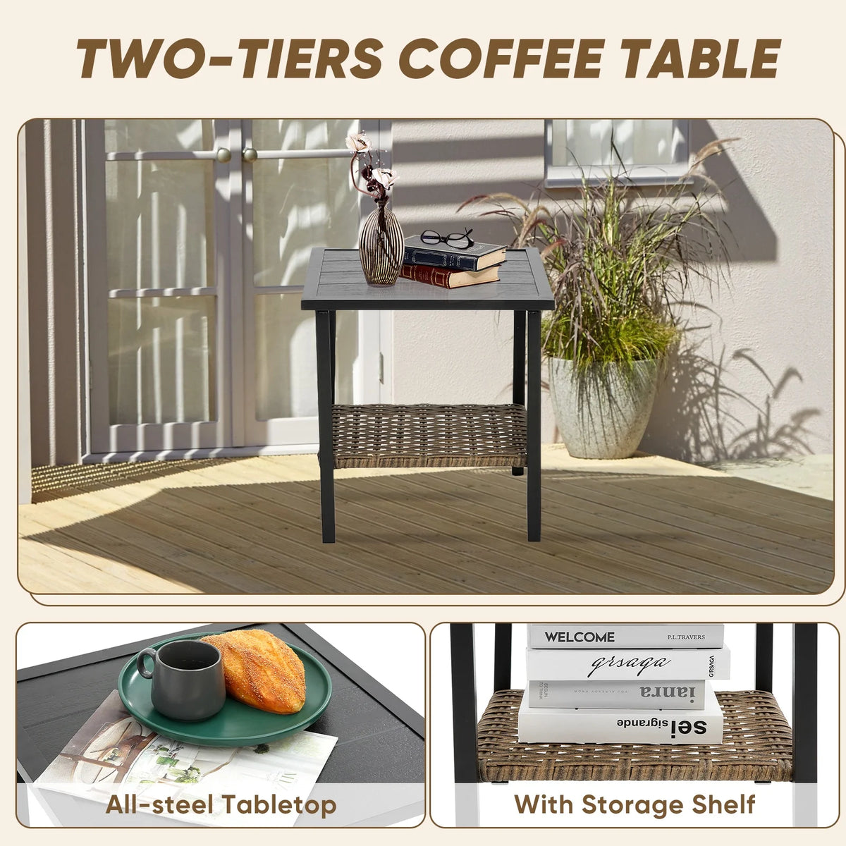 3 Pieces Patio Outdoor Conversation Set, Patio Furniture Bistro Set with 2-Tier Coffee Table, PE Wicker Rocking Chairs with Blue Cushions for for Backyard Porch Poolside