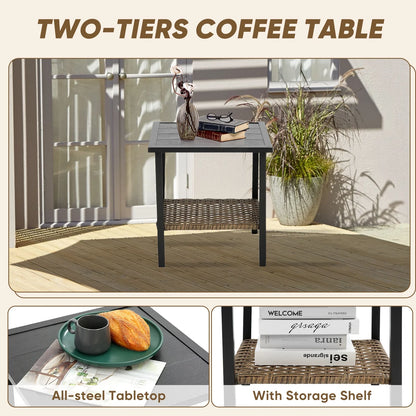 3 Pieces Patio Outdoor Conversation Set, Patio Furniture Bistro Set with 2-Tier Coffee Table, PE Wicker Rocking Chairs with Blue Cushions for for Backyard Porch Poolside