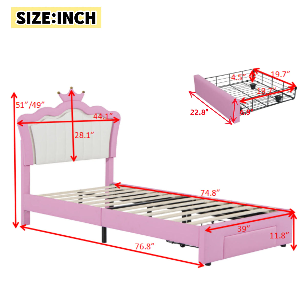 Miniyam Upholstered Twin Size Bed with LED Lights, Crown Headboard for Kids, Pink