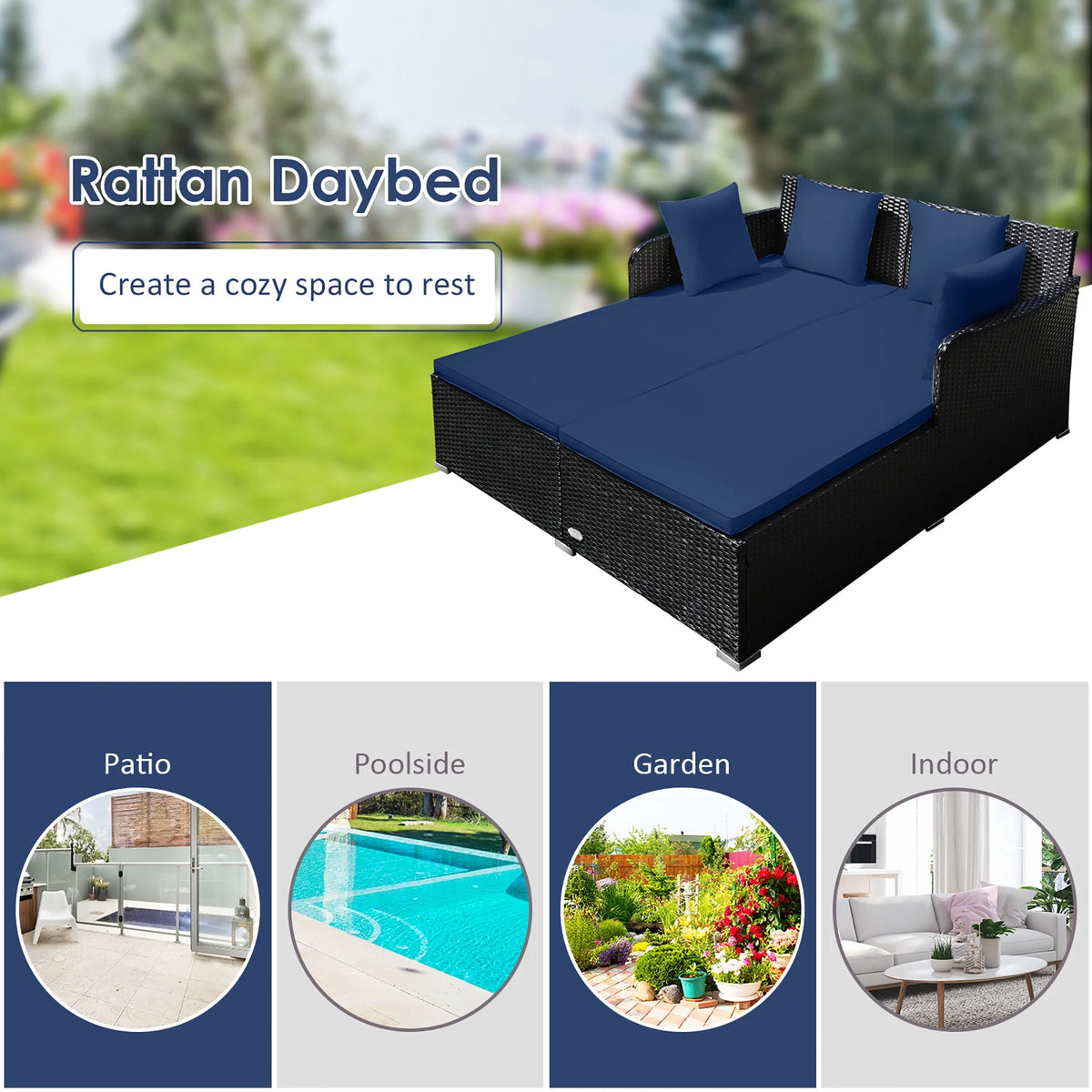 Costway Outdoor Patio Rattan Daybed Pillows Cushioned Sofa Furniture Beige