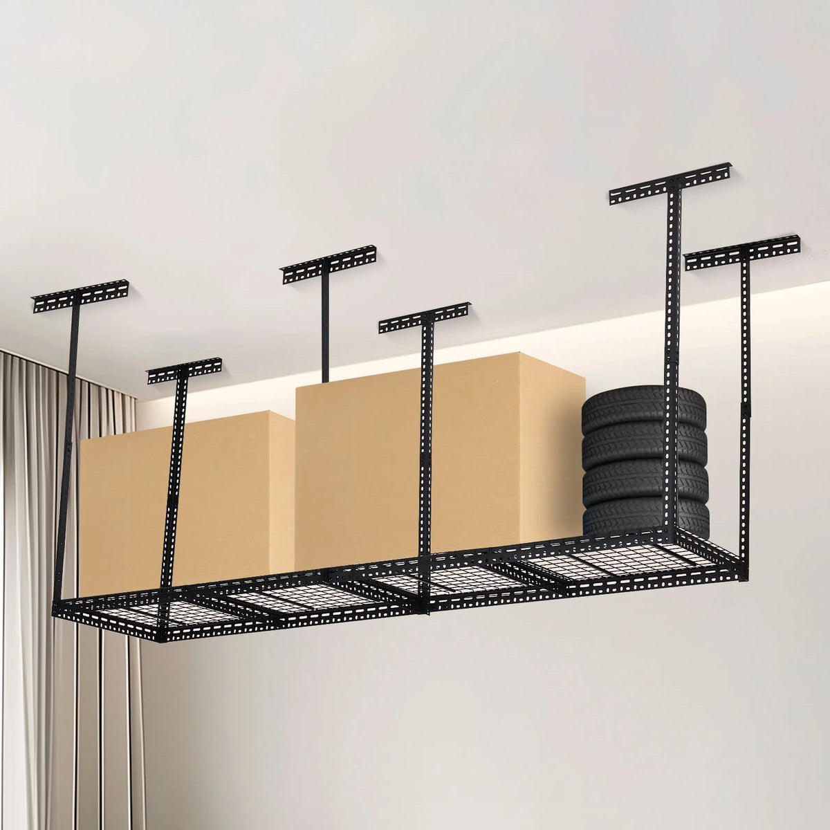 Overhead Garage Storage Rack - Heavy Duty 300kg Capacity, Adjustable 56-100cm Height, 180x120cm Black Steel Shelving with Hooks for Garage Organization