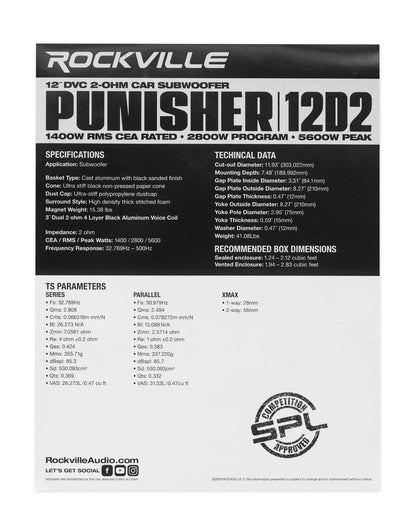Rockville Punisher 12D2 12" 5600w Peak Car Audio Subwoofer Dual 2-Ohm Sub 1400w RMS CEA Rated