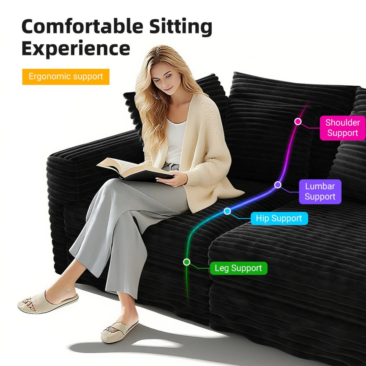 Alvantor 4-Seat Sofa 102" W Corduroy Upholstered Deep Seat Couches Convertible Chaise for Living Room, Apartment Grey