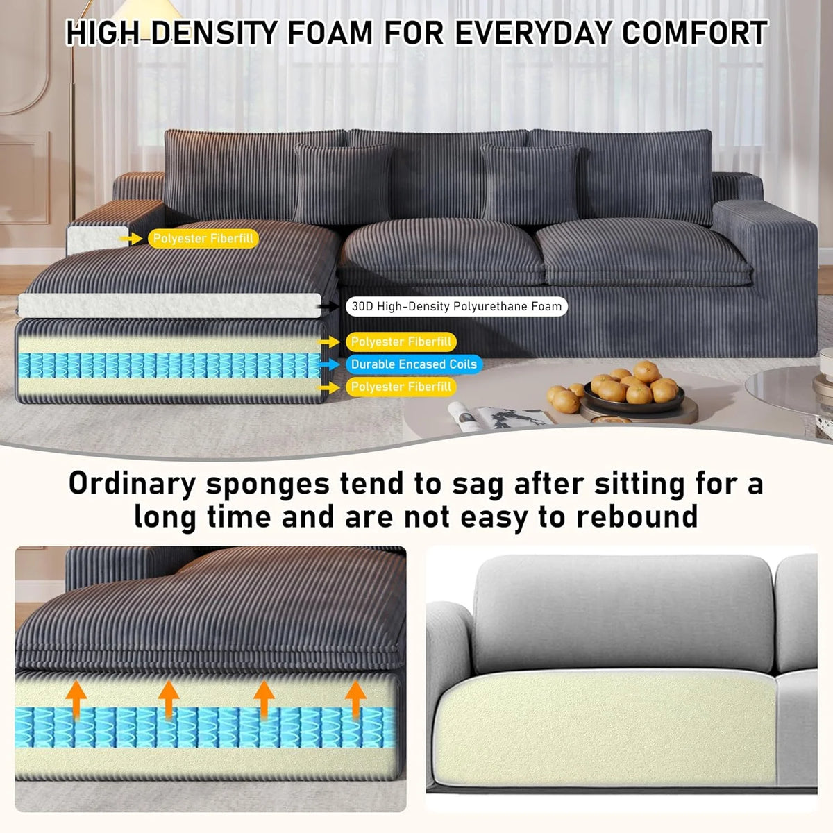 108�� Modular Sectional Sofa, Cloud Sectional Couch with Deep Seat, Modern Modular L-Shape Sofa Couch with Chaise,Upholstered Couches for Living Room Bedroom