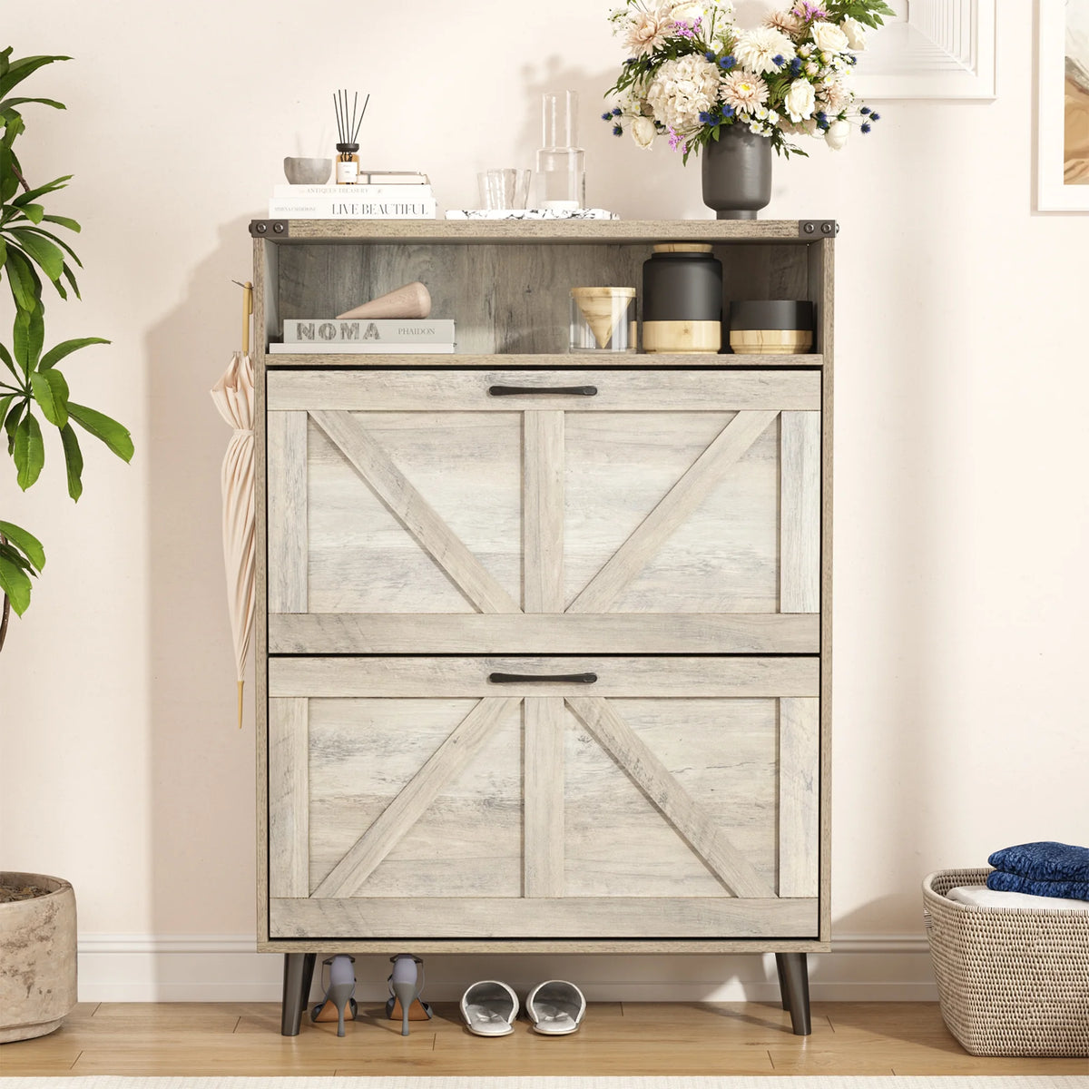 Veanerwood Shoe Cabinet with 2 Flip Drawers Farmhouse Shoe Storage Cabinet Organizer for Entryway, Gray