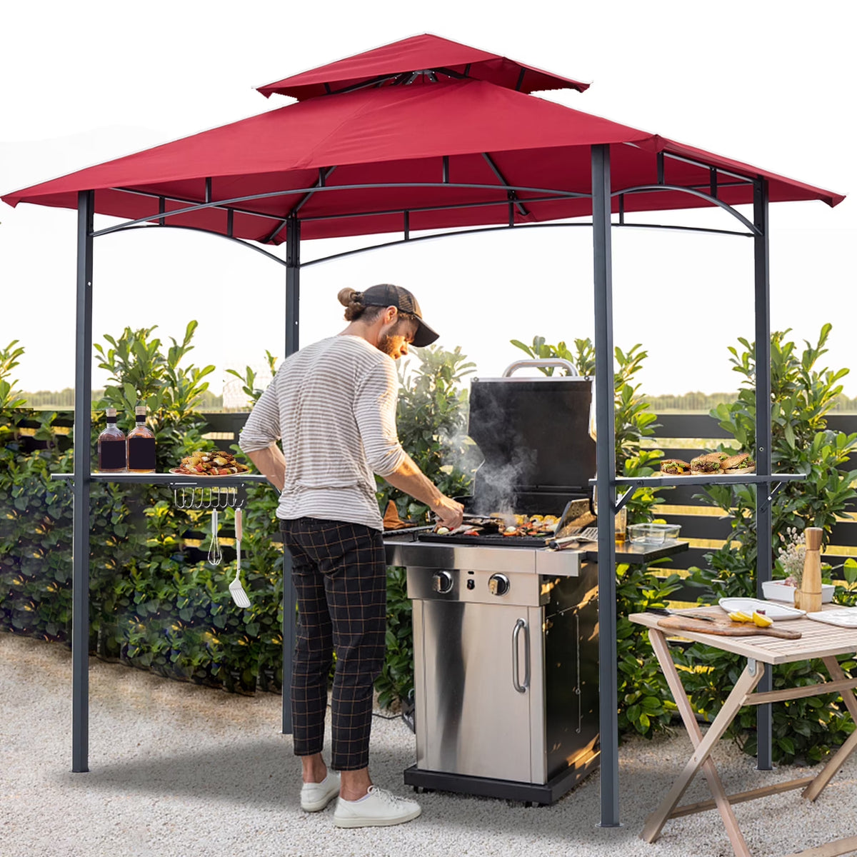 ABCCANOPY 8'x 5' Grill Gazebo Shelter, Double Tier Outdoor BBQ Gazebo Canopy with LED Light(Brown)