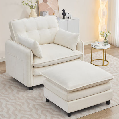 Aemeios Upholstered Chenille OversizedAccent Armchairs with Ottoman and Side Pocket, Cream