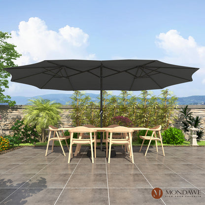 Mondawe 15ft Patio Umbrella Rectangular Outdoor Market Umbrella with Base and LED Lights Beige