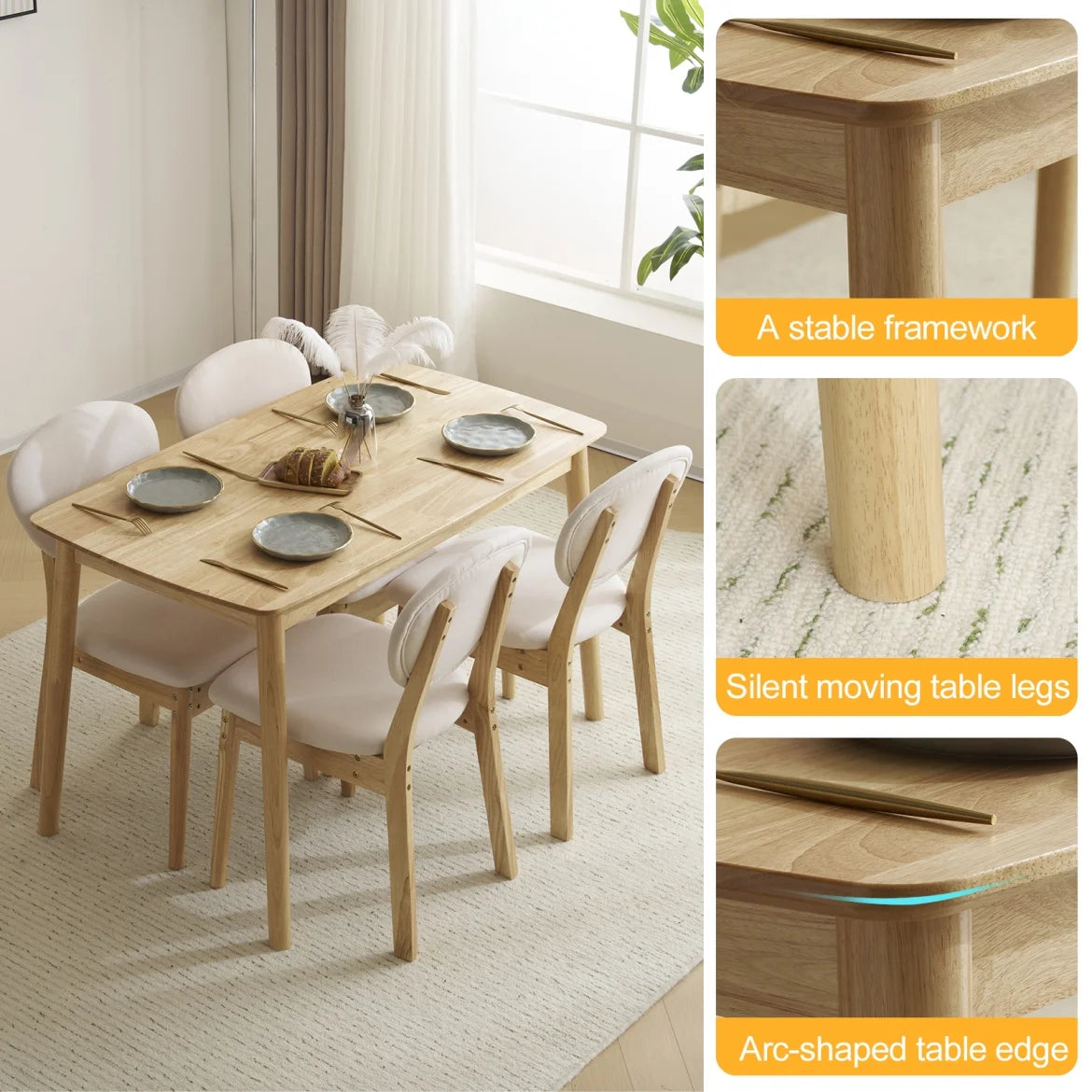 5-Piece Wooden Kitchen Table and Chair Set, Dinette Sets with 1 Rectangular Table and 4 Upholstered Chairs, Space-Saving Dining Table Set for 4, Natural