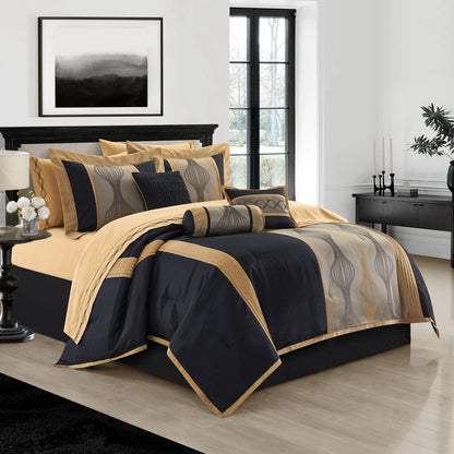 Lanco Elegant Black and Gold Comforter Set,Striped, 7 Pieces Jacquard Bedding Sets with Comforter for All Season, Bed Skirt, Pillows & Shams, Queen Size, Lightweight Microfiber