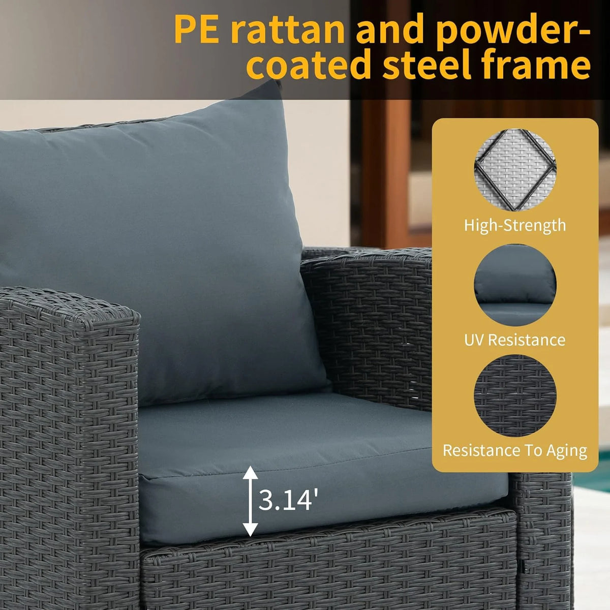 7 Piece Patio Furniture Sets Outdoor Sectional PE Rattan Outdoor Furniture Patio Conversation Set with Cushions and Glass Coffee Table, for Balcony Lawn and Garden, Gray