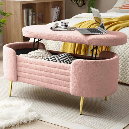 Sumdeal 43.5" Storage Ottoman Bench with 250lb Seating, Linen Upholstered Wood Legs Safety Hinge Flip Top Oval Foot Rest Long Stool for Sofa Couch Bedroom End of Bed Living Room Entryway, White