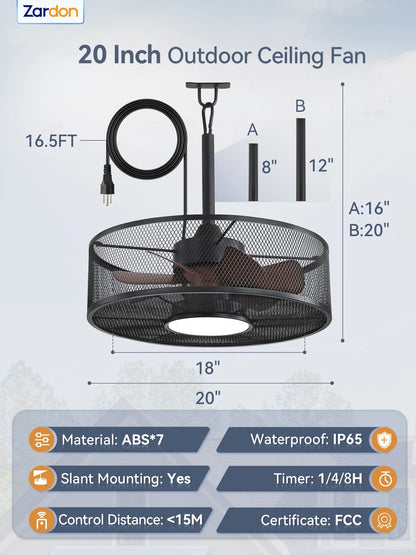 Zardon 20" Outdoor Ceiling Fan with Light and Remote, 7 Blades Caged Waterproof Gazebo Fan for Patio, Porch, Pergola Canopy, App Control