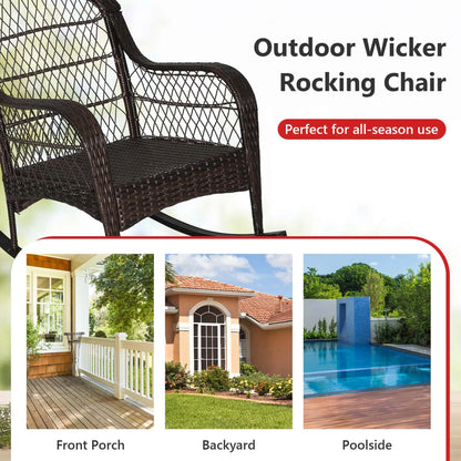 Costway Patio Wicker Rocking Chair W/Seat Back Cushions & Lumbar Pillow Porch Off White