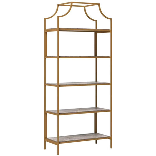 Pemberly Row 5-Shelf Modern Metal Bookcase in Gold Satin/Faux Deco Stone