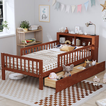 Euroco Wood Twin Size Platform Bed with Storage Headboard and Drawers, Low Profile Bed with Guardrails for Kids and Toddlers, White