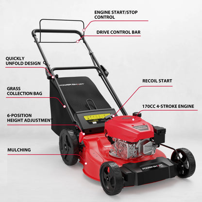 PowerSmart 21" 170cc Gas Self-Propelled Lawn Mower, with 6-Position Height Adjustment
