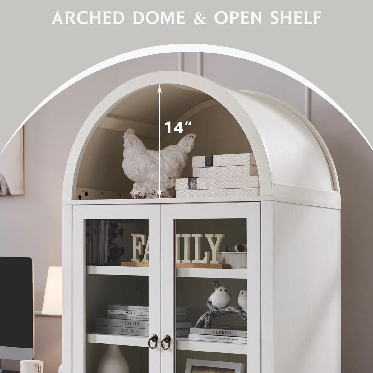 IFGET 71-Inch Arched 4-Tier Bookcase with Glass Doors and Drawers