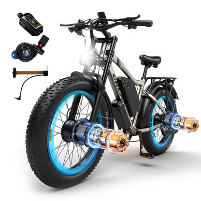 3000W Peak Dual Motor E-Bike, 52V 25AH Battery Elec-tric Bike for Adults, 35MPH Mountain AWD 7-Speed Snow E-Bike with 24" x 4.0 Fat Tire for Mountain Snow Hunting Commuting
