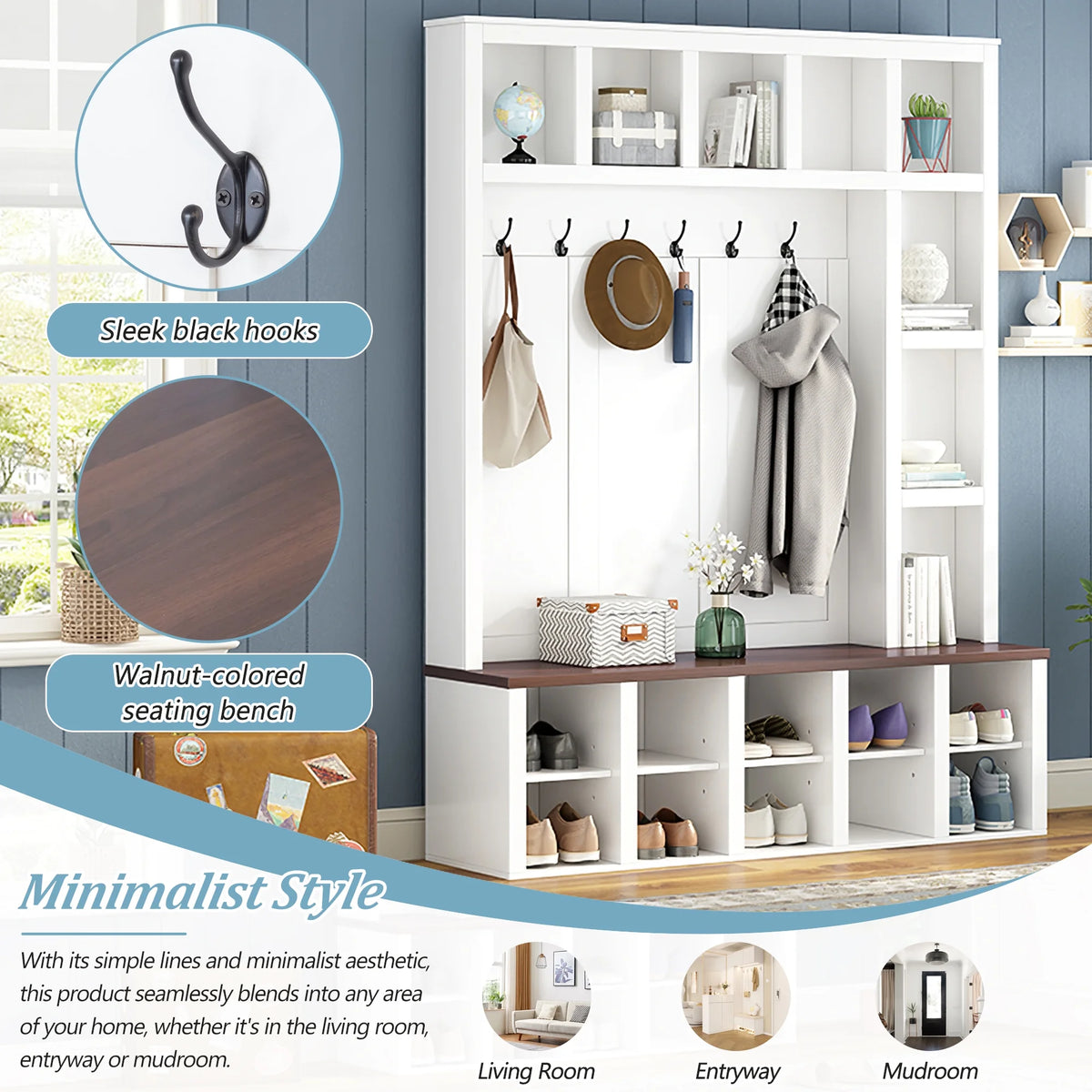 Euroco Farmhouse Wooden Style Hall Tree with 6 Hooks, Walnut Storage Bench, Adjustable Shelves, and 4-in-1 Entryway Shoe Cabinet with 13 Cubbies