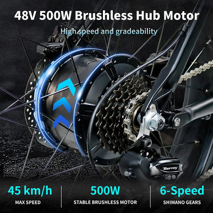 Electric Bike Electric Mountain Bike 500W Ebike26'' Fat Tire Ebike, 28+MPH Adults Ebike with Removable 48V 15Ah Battery, Shimano 6-Speed Black