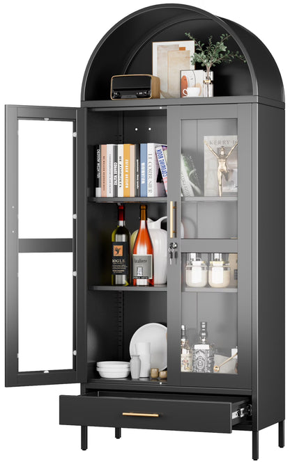 SUPEER Metal Arched Storage Display Cabinet with Glass Doors and Adjustable Shelves, Lockable Cabinet, Assembly Required, Black