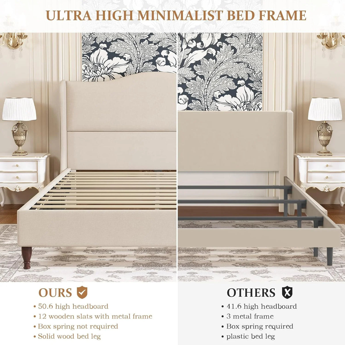 Neche Queen Upholstered Bed Frame with 51" Tall Headboard Classic Curved Wingback Platform Bed with Soft Fabric, Retro Simple Sleigh Bedframe No Box Spring Needed/Easy Assembly, White